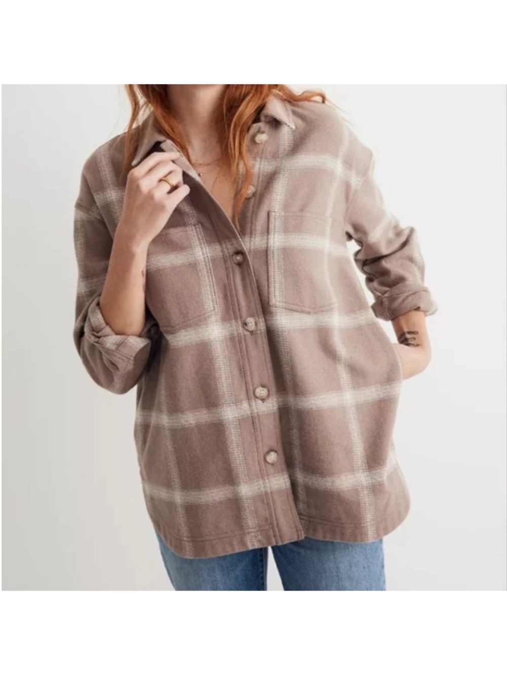 Madewell Taupe Plaid Button-Down Shirt Jacket Women’s Size L